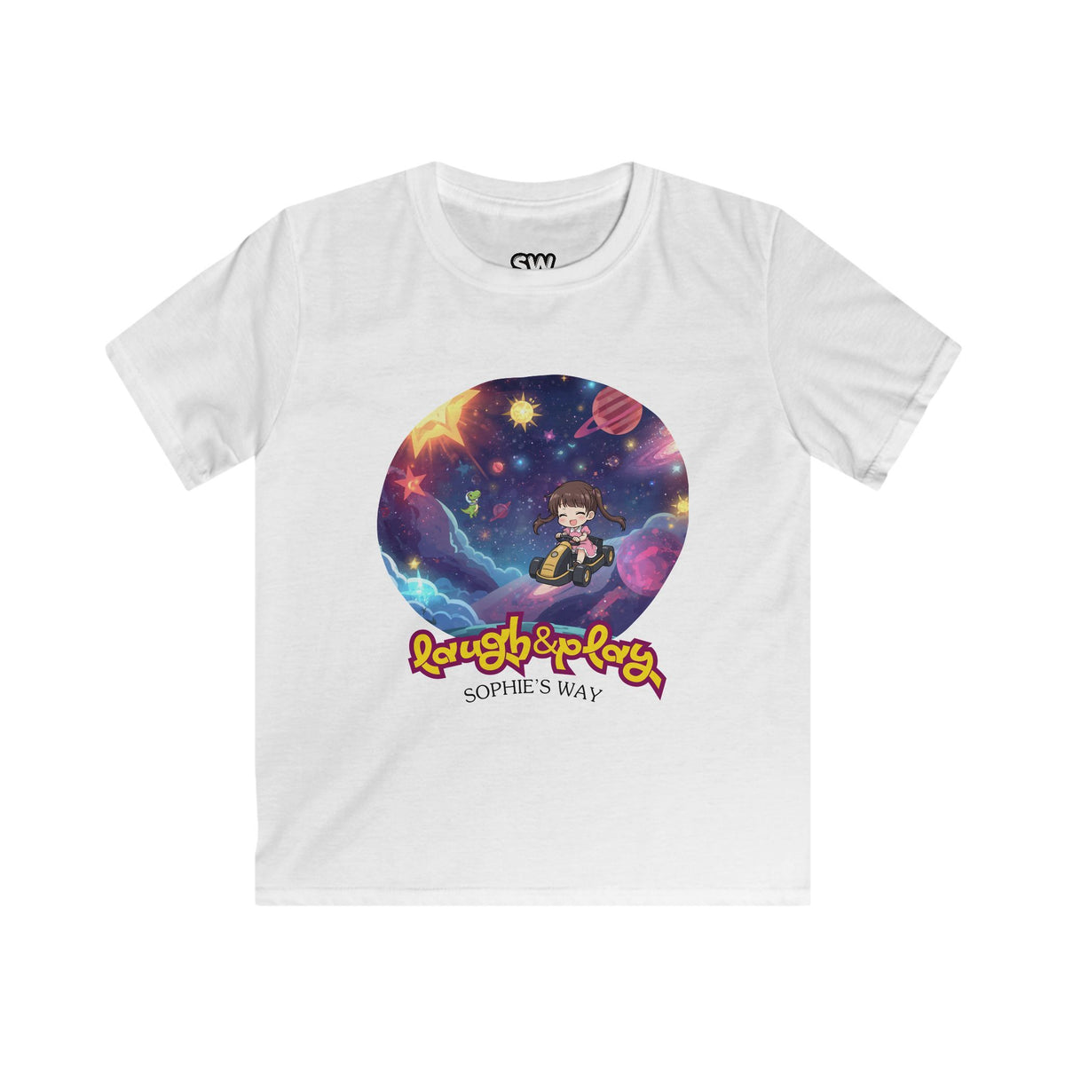 A white short-sleeve crewneck t-shirt featuring a colorful graphic print of a cartoon girl in space with the text 'Laugh & Play' and 'Sophie's Way'.