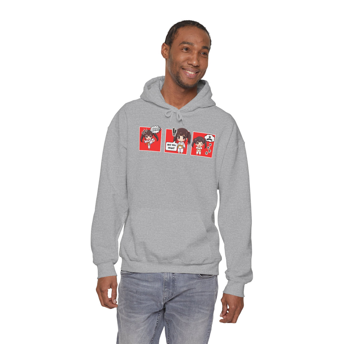 A sport grey pullover hoodie with a red and multicolor anime-style graphic print on the chest of a taekwondo girl saying 'Aiyah!' then 'Are you okay?', and then 'Hi Mommy.'