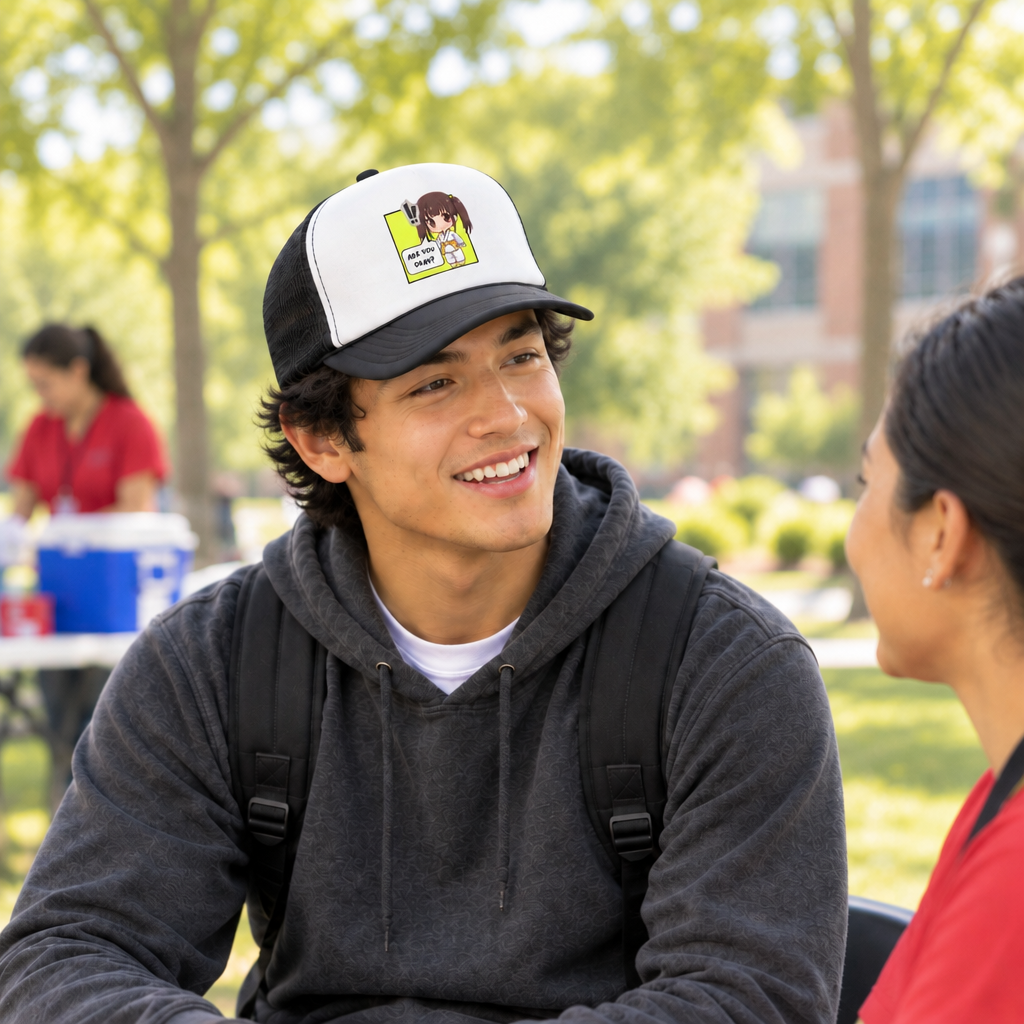 Everyday Asian college student wearing the white-and-black Are You Okay? hat at a blood drive