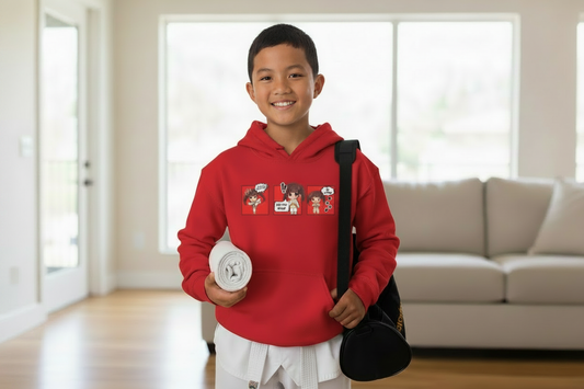 Southeast Asian boy in red Are You Okay? hoodie at taekwondo